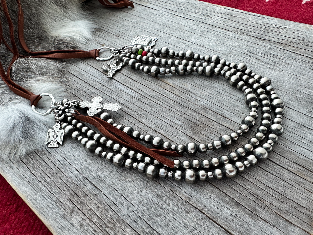Navajo Pearl Handmade Ring & Leather Necklace ~ 4, 6, and 8mm
