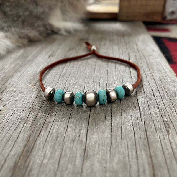 Navajo Pearl Handmade Turquoise Leather Adjustable Bracelet