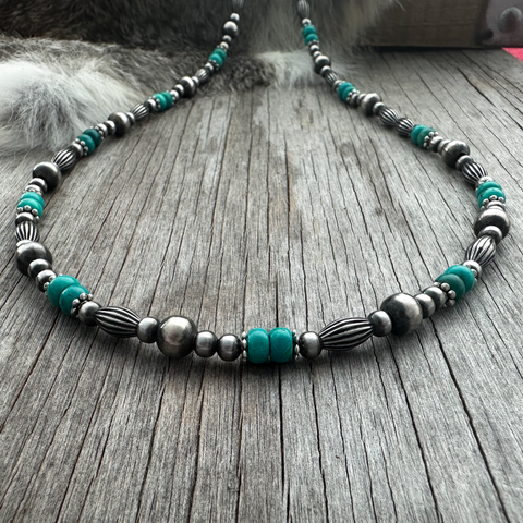 Navajo Pearl Handmade Necklace with Blue Turquoise and Pumpkin Beads ~ German Silver beads ~ Choose Length!