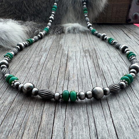 Navajo Pearl Handmade Necklace with Green Turquoise and Pumpkin Beads ~ German Silver beads ~ Choose Length!