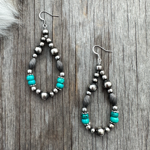 Navajo Pearl Handmade Stylish Teardrop Earrings with Blue Turquoise & Pumpkin Beads ~ German Silver beads!
