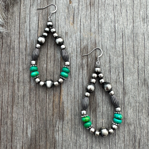 Navajo Pearl Handmade Stylish Teardrop Earrings with Green Turquoise & Pumpkin Beads ~ German Silver beads!