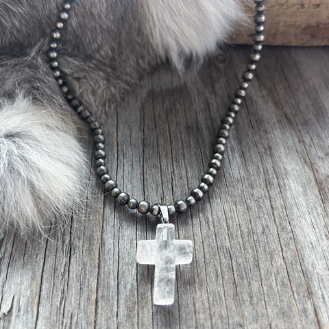 Navajo Pearl Handmade Petite Strand of 4 & 5mm German Silver beads with Cross Pendant ~ Choose Necklace Length & Cross Color!