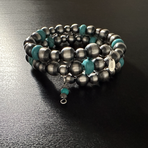 Handmade Sterling Silver Navajo Pearl Wrap Bracelet with Turquoise ~ 2-Row ~ One Size Fits All