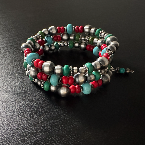 Handmade Sterling Silver Navajo Pearl Wrap Bracelet with Turquoise & Coral Acai Beads ~ Gorgeous Design!