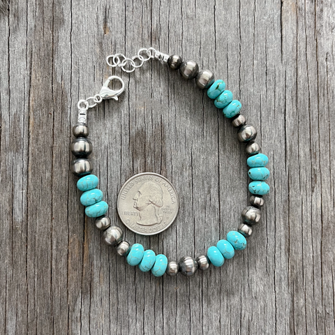 Navajo Pearl Handmade Bracelet ~ 6mm and 8mm German Silver Beads & Turquoise
