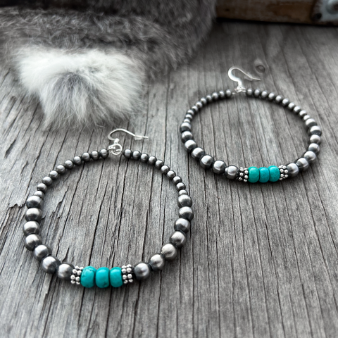 Handmade Navajo Pearl Turquoise Hoop Earrings ~ German Silver beads!