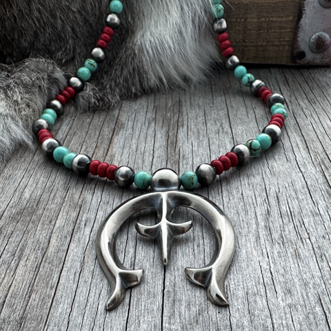 Navajo Pearl Handmade Necklace with Sand Cast Style Naja Pendant ~ German Silver beads!