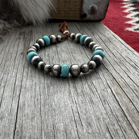 Navajo Pearl Handmade Turquoise Leather Adjustable Bracelet ~ German Silver beads