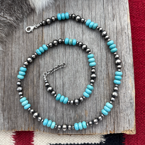 Navajo Pearl Handmade Necklace with 4, 6, and 8mm German Silver beads ~ Stunning Turquoise Design!