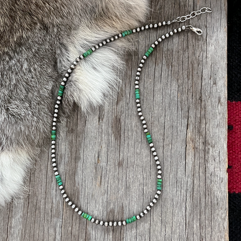 Navajo Pearl Handmade Necklace ~ Petite n Pretty ~ 4mm German Silver Beads and Green Turquoise Heishi!