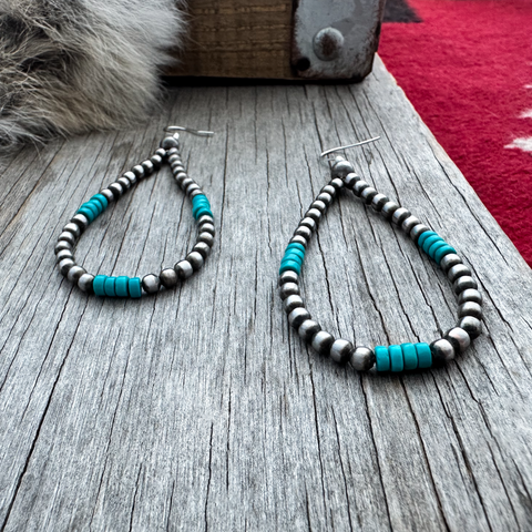 Navajo Pearl Handmade Blue Turquoise Teardrop Earrings ~ German Silver beads!