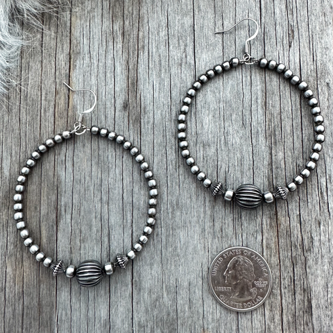 Navajo Pearl Handmade Hoop Earrings with Pumpkin Bead Accent ~ German Silver beads!