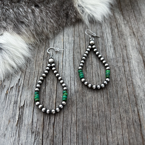 Navajo Pearl Handmade Petite Green Turquoise Teardrop Earrings ~ German Silver beads!