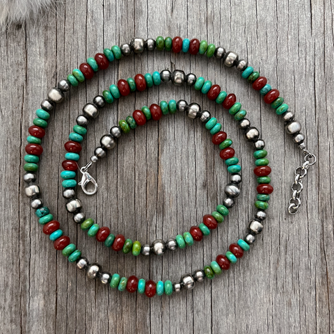 Handmade Navajo Pearl Necklace with Green Turquoise and Agate Beads ~ German Silver beads!