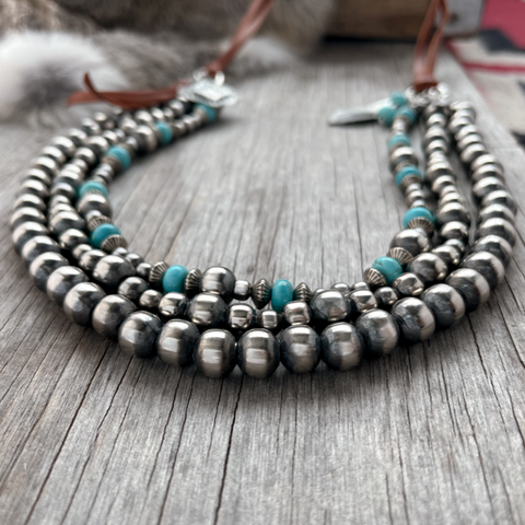 Navajo Pearl Handmade Three Strand Leather Adjustable Turquoise Necklace ~ German Silver beads!