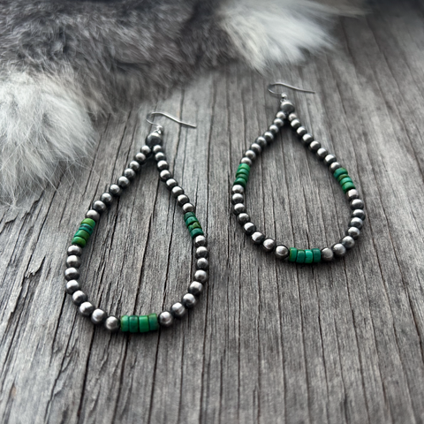 Navajo Pearl Handmade Green Turquoise Teardrop Earrings ~ German Silver beads!