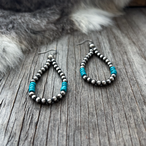 Navajo Pearl Handmade Petite Blue Turquoise Teardrop Earrings ~ German Silver beads!