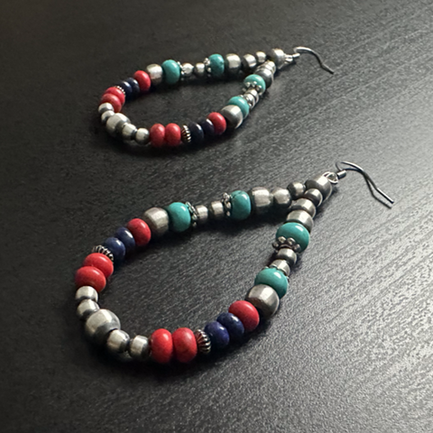 Handmade Sterling Silver Navajo Pearl Earrings ~ Lapis, Turquoise & Coral Acai ~ Colorful Teardrop Design!