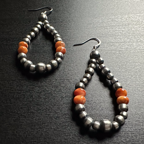 Handmade Sterling Silver Navajo Pearl Earrings with Spiny Oyster Shell Beads ~ Gorgeous Teardrop Design!