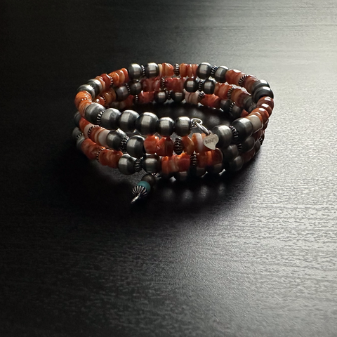 Handmade Sterling Silver Navajo Pearl Wrap Bracelet with Spiny Oyster Shell ~ Beautiful Design!