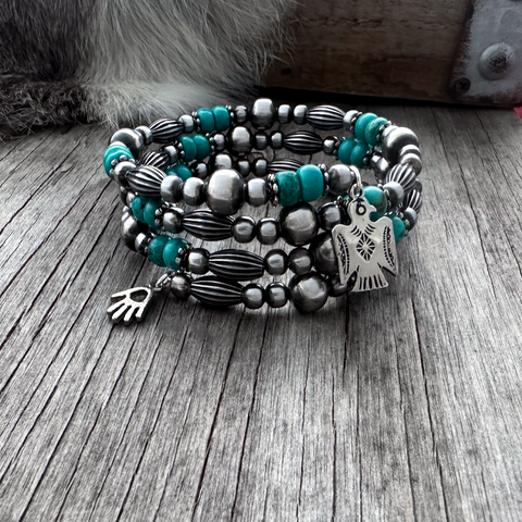 Navajo Pearl Handmade Three Row Wrap Bracelet with Blue Turquoise ~ Accented w Pumpkin Beads ~ German Silver beads!