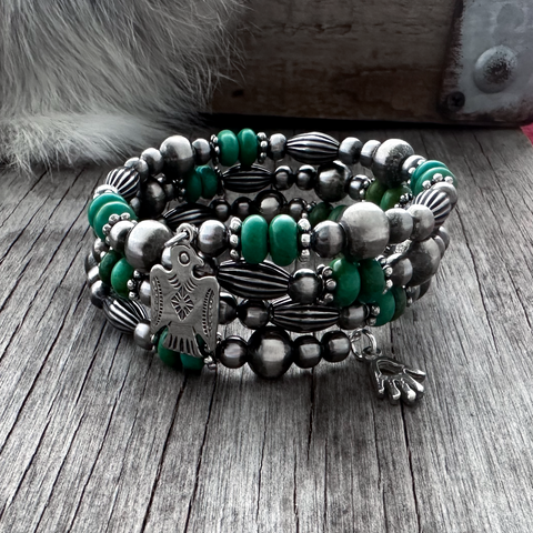 Navajo Pearl Handmade Three Row Wrap Bracelet with Green Turquoise ~ Accented w Pumpkin Beads ~ German Silver beads!