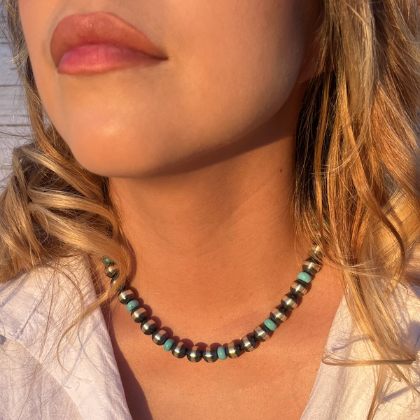 Handmade Sterling Silver Navajo Pearl & Turquoise Necklace
