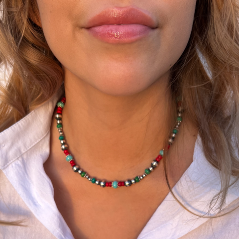 Handmade Sterling Silver Navajo Pearl Necklace ~ Turquoise & Coral Acai Beads ~ Gorgeous Design!