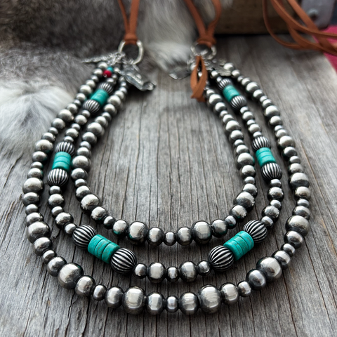 Navajo Pearl Handmade 3 Strand Necklace ~ 5, 6 and 8mm German Silver Beads with Turquoise & Pumpkin Beads!