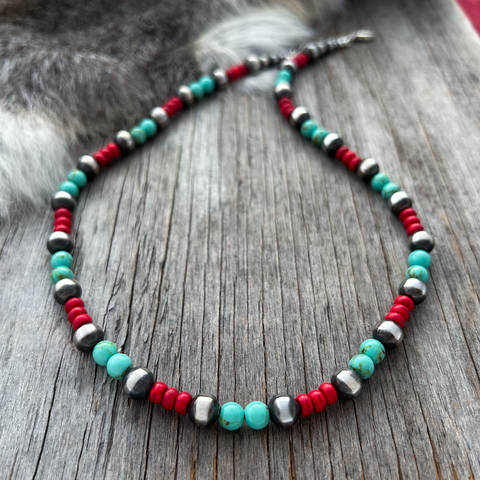 Navajo Pearl Handmade Necklace with Turquoise and Coral Acai Beads ~ German Silver beads!