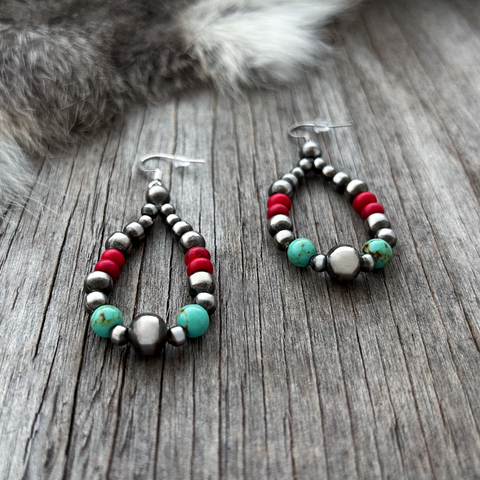 Navajo Pearl Handmade Teardrop Earrings with Turquoise and Coral Acai Beads ~ German Silver beads!