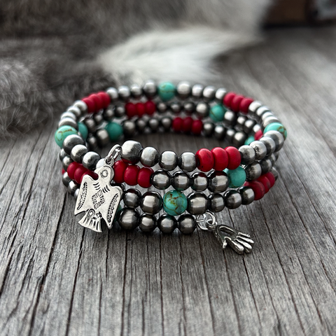 Navajo Pearl Handmade 3-Row Wrap Bracelet with Turquoise and Coral Acai Beads ~ German Silver beads!