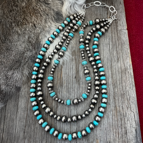 Navajo Pearl Stunning 3-Strand Necklace with Turquoise ~ German Silver beads!