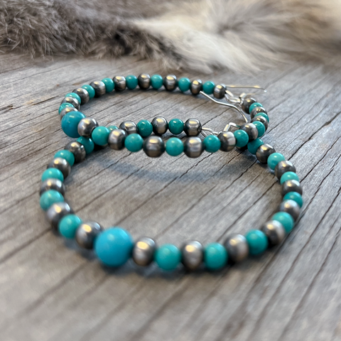 Navajo Pearl Handmade Hoop Earrings ~ Bright Blue Turquoise ~ German Silver beads!