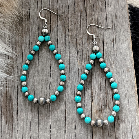 Navajo Pearl Handmade Petite Earrings ~ Turquoise Teardrop Dangles~ German Silver beads!