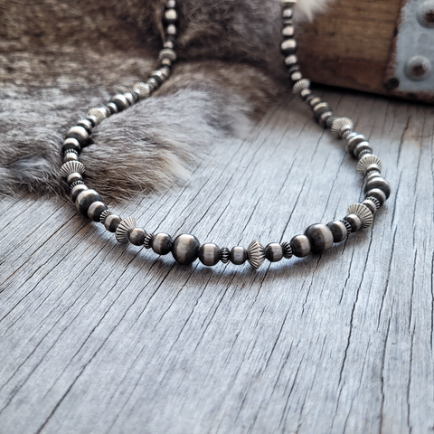 Navajo Pearl Handmade Necklace with Saucer Beads 5, 6, and 8mm German Silver beads