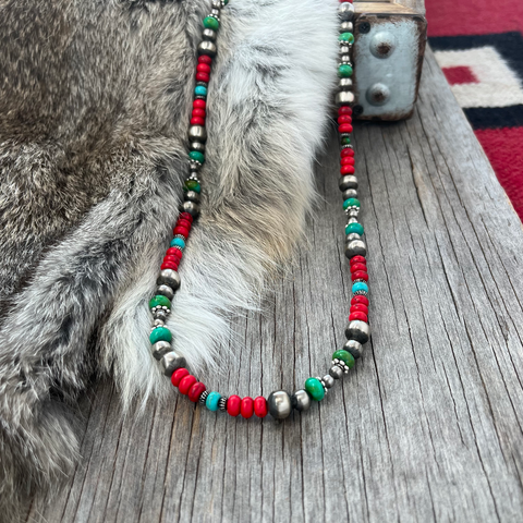 Navajo Pearl Handmade Necklace with 4mm, 6mm, 8mm German Silver beads ~ Silver Pumpkin Beads, Turquoise & Coral Acai!