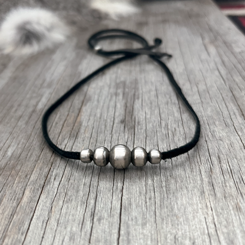 Navajo Pearl Handmade Leather Choker ~ Adjustable ~ Soft High Quality Black Leather ~ German Silver beads!