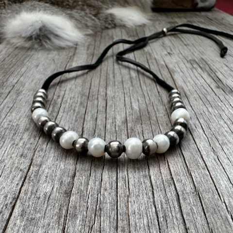 Navajo Pearl Handmade Leather Choker ~ Adjustable ~ Soft High Quality Black Leather ~ German Silver beads!