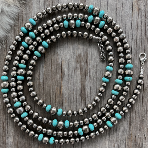 Navajo Pearl Handmade Necklace with  6, 8, and 10mm German Silver beads and Turquoise