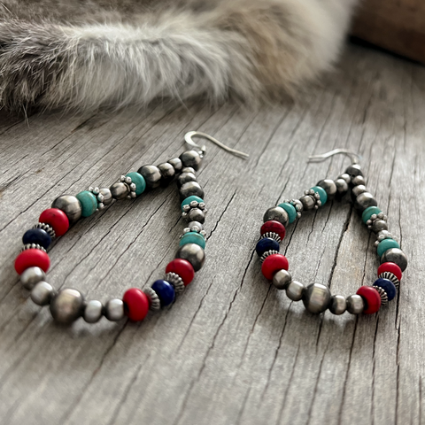 Navajo Pearl Handmade Teardrop Earrings ~ Lapis, Turquoise & Coral Acai ~ German Silver beads!