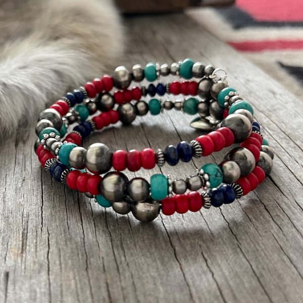 Navajo Pearl Handmade Wrap Bracelet with German Silver, Coral Acai