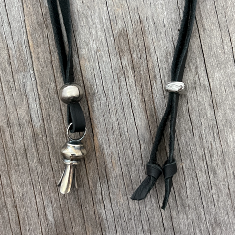 Squash Blossom Pendant Cast in Sterling On Soft Black Leather ~ Adjustable!