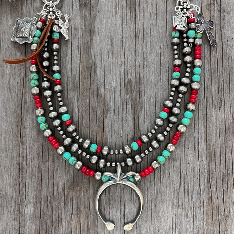 Navajo Pearl Handmade 3 Strand Necklace ~ Sand Cast Style Naja Pendant! Coral & Turquoise Acai ~ German Silver beads ~  Adjustable Length