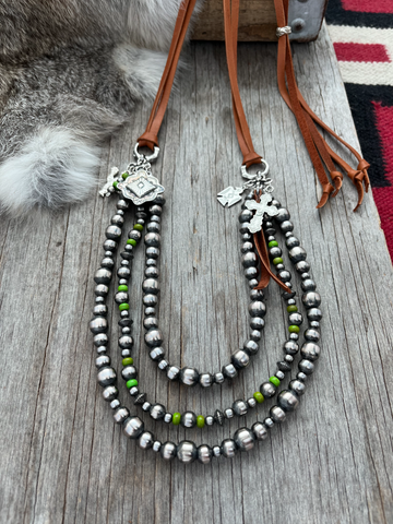 Navajo Pearl Handmade 3 Strand Necklace with German Silver beads & Lime Green Acai ~ Adjustable Length!
