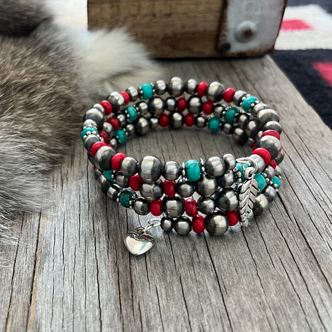 Navajo Pearl Handmade  Bracelet with Turquoise, Coral Acai, and Charms ~ German Silver beads