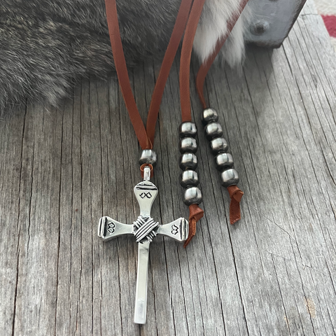 Artistic Sterling Silver Cross Pendant with German Silver Navajo Pearls on Brown Leather ~ Lariat!