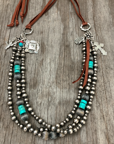 Navajo Pearl Handmade 3 Strand Necklace ~ 5, 6 and 8mm German Silver Beads with Turquoise & Pumpkin Beads!