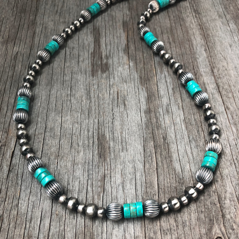 Navajo Pearl Handmade Necklace ~ Turquoise and Pumpkin Beads ~ Choose Length ~ German Silver beads!